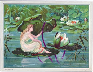 A Victorian greeting card of a fairy sailing on a stream on a lotus lily leaf with a lily leaf as a canopy by English School