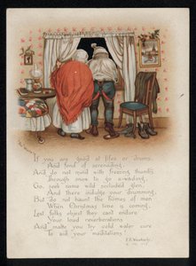 A couple objecting to carol singers outside their window, Christmas greetings card by English School