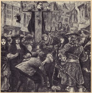A Crowd Gathered Before a Man Who Stands in the Stocks