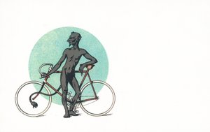 A Devilish Figure Standing Beside a Bicycle by English School
