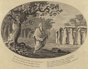 A druid taking cuttings with a scythe beside an ancient monument