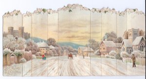 Victorian Christmas Card of a Castle and Church with a Man Carrying a Spade in the Snow