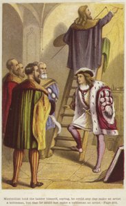 A Group of Men Stand Below a Ladder on Which an Artist Works by English School