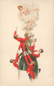 A Group of Red-Jacketed Men Climbing a Champagne Bottle