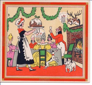 French Pochoir Christmas Card of a Maid Serving a Christmas Pudding by English School