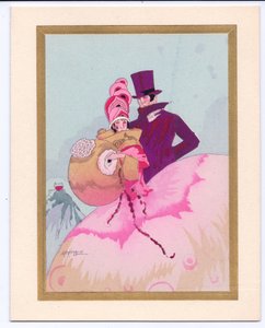 Hand-Coloured French Pochoir Christmas Card of a Regency Lady with a Muff, Accompanied by a Gentleman in a Top Hat by English School