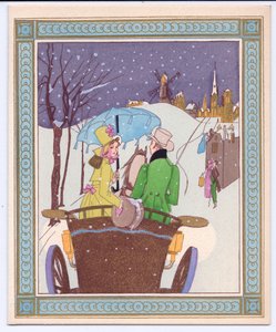 A Hand-Coloured French Pochoir Christmas Card of a Rencecy Couple in an Open Carriage Riding Through the Snow by English School
