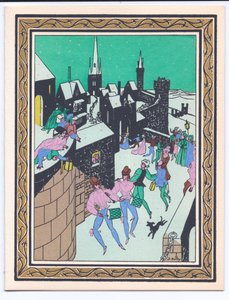 A Hand-Coloured French Pochoir Christmas Card of a Parade of Musicians Performing in the Ramparts of a Castle, c.1920 by English School