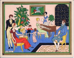 A Hand-Coloured French Pochoir Christmas Card of a Regency Family