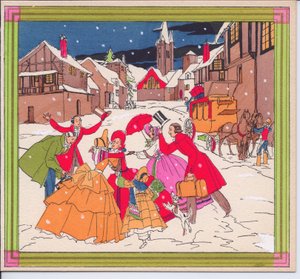 French Pochoir Christmas Card of Victorian Travellers in Winter Attire Greeting Each Other by English School
