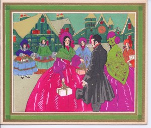 French Pochoir Christmas Card of Ladies in Crinoline Dresses and Bonnets Conversing with a Gentleman by English School
