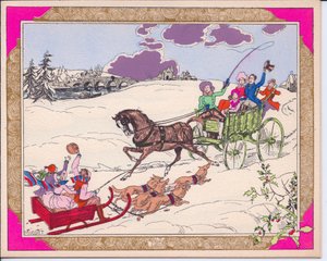 French Pochoir Christmas Card of a Sleigh with Children Pulled by Dogs and a Horse and Cart in a Snowy Landscape