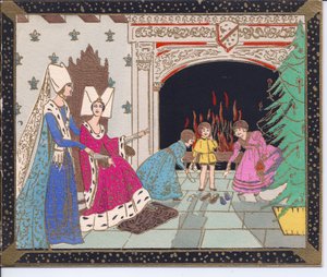 A Hand-Coloured French Pochoir Christmas Card of Medieval Ladies Wearing Butterfly Hats and Children in Front of a Large Fireplace Warming Their Shoes by English School