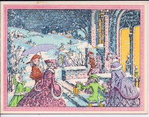 French Pochoir Christmas Card of Party Goers Arriving at Mansion