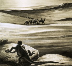 A Lizard Watching a Camel Train Crossing the Desert by English School