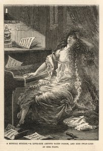 A love-sick artiste takes poison, and dies swan-like at her piano