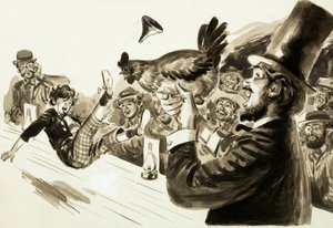 A magician producing a chicken on stage by English School