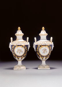 A Pair of Chelsea-Derby Two-Handled Urn-Shaped Vases and Two Covers by English School