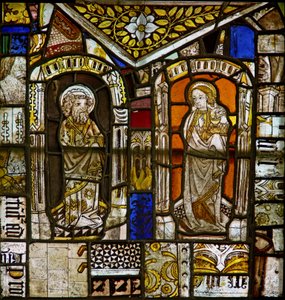 A panel in the east window depicting St Peter and St John with the Gromwell weed above by English School