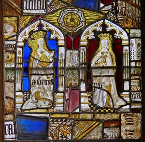 A panel in the east window depicting the Cardinal Virtues: Mercy (Misericordia) and Peace (Pax) and a white rose by English School