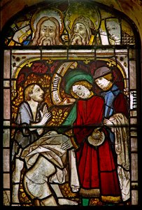 A panel in the east window depicting the Works of Mercy: clothing the naked: also some fine reset heads