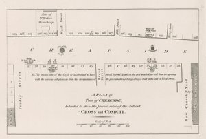 A plan of Cheapside, London, intended to show the precise sites of the ancient Cross and Conduit