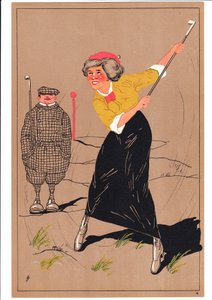 A print of two golfers in comic and humorous postures by English School