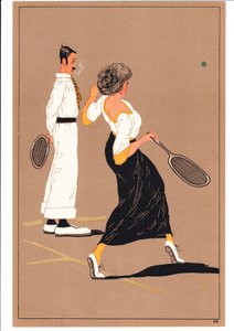A Print of Two Tennis Players in Comic and Humorous Postures, c.1920 by English School