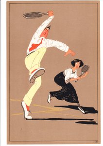 A Print of Two Tennis Players in Comic and Humorous Postures by English School