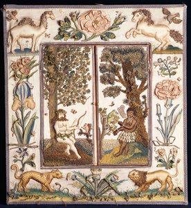 A Raised Work Embroidered Mirror Depicting a Primitive Hunter with a Bow and Arrow, and a Blackamoor with a Parrot, the Frame with a Camel, Horse, Lion, Leopard, Rose, Iris and Other Flowers