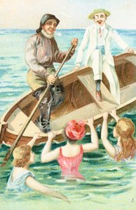 A sailor rowing a boat as bathers pull on the side of the boat