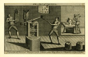 A Screw Press in Operation at the Royal Mint in the Tower, from the Universal Magazine