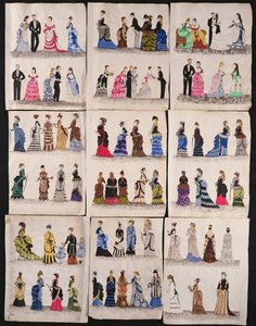 A selection of Victorian fashions including ballroom and walking dresses, c.1876 by English School