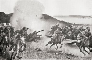 A shell from the Naval Brigade dispersing Boers from behind the Seven Sisters Kojes during the action of the 7th March by English School