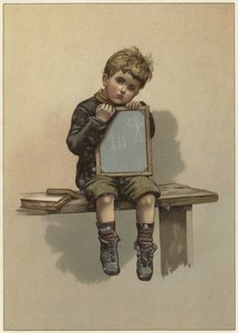 A Young Boy Sits Crying as He Rests His Chin on a Chalkboard