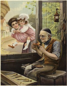 A Young Woman and a Small Girl Watch a Cobbler at Work by English School