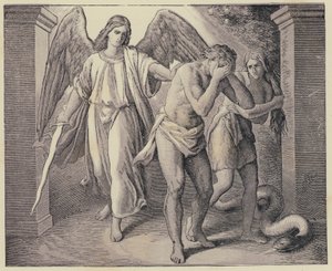 Adam and Eve being expelled from The Garden of Eden by English School