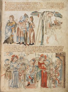 Judas returns the thirty pieces of silver; the death of Judas; Christ before Pilate and before Herod, from Holkham Bible Picture Book, c.1320-30