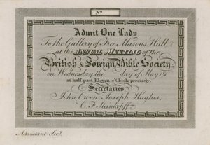 Admission ticket for the Annual Foreign Bible Society at Freemasons Hall by English School