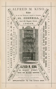 Advert for Alfred M Kino, tailor, 40 Cornhill and 87 Regent Street, London by English School