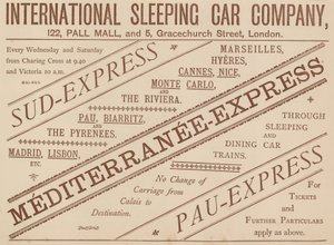 Advert for International Sleeping Car Company, 122 Pall Mall and 5 Gracechurch Street, 1888 by English School