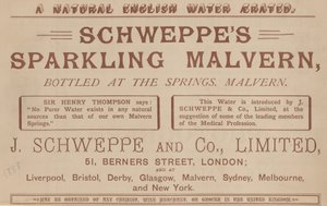 Advert for Schweppes Sparkling Malvern, bottled at the springs, Malvern by English School