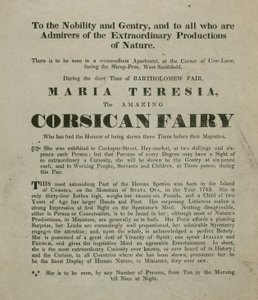 Advert for an appearance of Madame Maria Teresia, the Corsican Fairy by English School