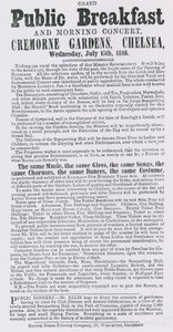 Advert for grand public breakfast and morning concert, Cremorne Gardens, Chelsea by English School