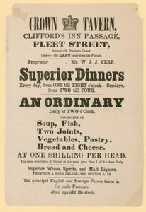 Advert for the Crown Tavern, Cliffords Inn Passage, Fleet Street, London by English School