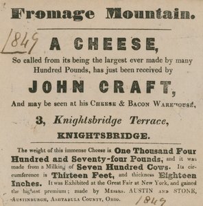 Advert for the Exhibition of a Cheese Known as Fromage Mountain by English School