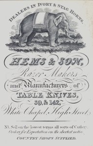 Advertisement for Hems & Son, dealers in ivory and stag horn, razor makers and manufacturers of table knives, London by English School