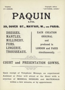 Advertisement for Paquin, dress-makers
