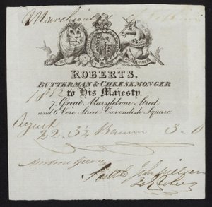 Advertisement for Roberts, butterman and cheesemonger, London