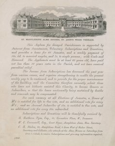 Advertisement for St Marylebone Alms Houses